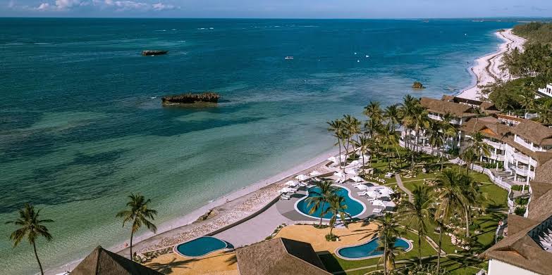 Aerial view of Malindi beach resort with turquoise Indian Ocean waters